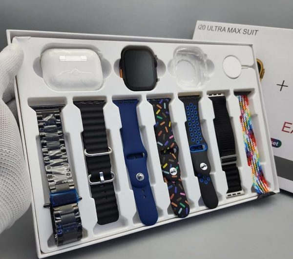 I20 Ultra Max Smart Watch 10-in-1 box set comes with EarBurds